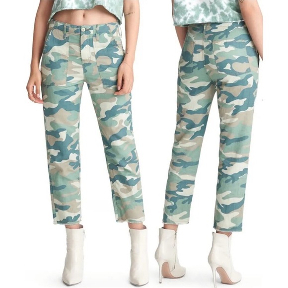 MOTHER NWT The Shaker Chop Camo Jeans Women’s Size 25 Blue Green Crop Distressed - Picture 1 of 11